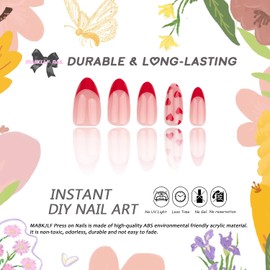 Valentines Press on Nails Short Almond MABKJLF Red French Tip Fake Nails False Nails with Cute Heart Designs Full Cover Glossy Glue on Nails Acrylic Nails for Women Girls 24 Pcs