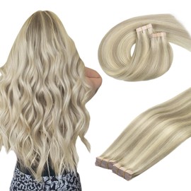 DOORES Human Hair Extensions Tape in, Ash Blonde Highlighted Platinum Blonde 24 Inch 100g 40pcs, Real Human Hair Extensions Tape in Straight Remy Hair Double
