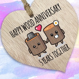 5th Wedding Anniversary Plaque Gift for Husband Wife - 5 Years Together - Happy Wooden Anniversary Wooden Heart for Women Men Partner, Light Wood Sign Keepsake Gifts
