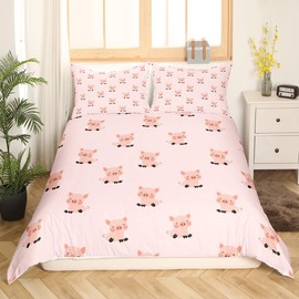 Cute Pigs Bedding Set Twin Size for Kids Boys Bedroom,Pink Pig Bed Duvet Cover Set,Kawaii Animals Comforter Cover Cartoon Style Decor 2 Pieces 1 Duvet Cover with 1 Pillowcase No Comforter