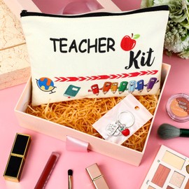 MTLEE Teacher Appreciation Gift for Women Teacher Kit Gift with Teacher Makeup Pouch Cosmetic Bag Thank You Teacher Keychain with Initial for Teacher Week and Graduation Gifts(J Shape)