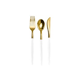 Trendables 120 Pack Two Toned Heavy Duty Plastic Silverware Spoons - Stunning Dual Colored White and Gold Disposable Plastic Spoon - Disposable Utensils For Wedding Parties And All Occasions