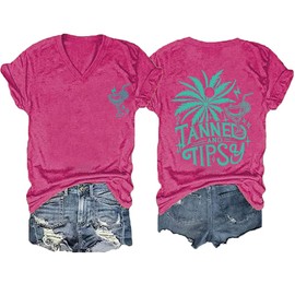 Tanned and Tipsy Beach Summer Tops for Women Spring Shirts for Women 2024 Womens Graphic Tees Vintage Coconut Tree Print Shirt Vacation Tops for Women Deep Pink
