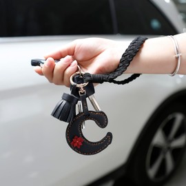 Poagoep Microfiber Keychain Handmade Letter Wristlet Keychain Boho Wrist Lanyard Key Wristlet for Women(C)