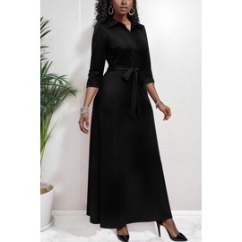 Women Black Church Dresses Maxi Button Down 3/4 Sleeves Print Dress Casual with Pockets