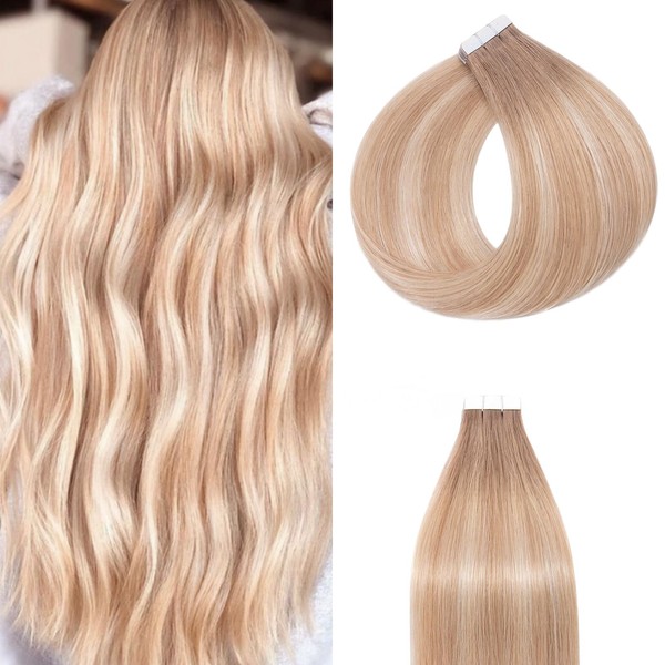 Silk-co Tape Extensions Real Hair 55 cm, Pack of 20 Hair Extensions Tape-In Extensions Real Hair, Remy Hair Extensions Glue Skin Weft Tape Ins, 50 g Light Brown to Dark Blonde Highlight Platinum