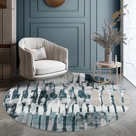 jinchan Round Rug 4ft Modern Abstract Washable Bedroom Circle Rug Blue Multi Contemporary Soft Non Slip Backing Carpet for Living Room Bathroom Entryway