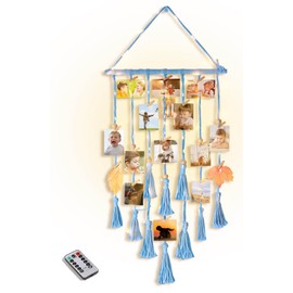 Homecor Hanging Photo Display Wall Decor, Blue Macrame Hanging Boho Room Bedroom Decor, Picture Frame Collage with Light & 30 Clips, Christmas Teenage Teen Girl Gifts Ages 10 11 12 13 14 Years Old