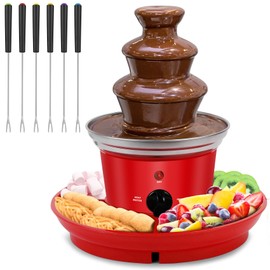 16oz Chocolate Fondue Fountain, 3-Tier MINI Chocolate Fountain with 6PCS Fondue Fork and Removal Fruits/Nuts/Treats Serving Tray for BBQ Sauce,Ranch,Nacho Cheese,Liqueurs (Red+Silver)
