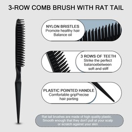 3 Row Hair Comb for Natural Detangling Hair Styling Brush Nylon Bristle Unbraider Teasing Comb Rat Tail for Women Men Black and Pink