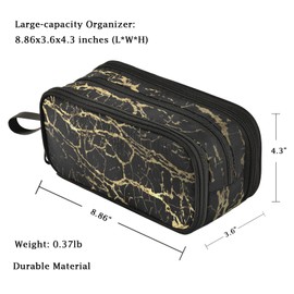 Fustylead Trendy Black Golden Lines Marble Print Large Pencil Pen Case Stationery Bag, 3 Compartments School College Office Desk Organizer Storage Pouch Marker for Teen Boys Girls Students