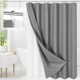Craidlela 3 in 1 Shower Curtain Set, Grey Waffle Shower Curtain and PEVA Liner Set with 12 Stainless Steel Shower Curtain Hooks, Gray Waterproof Fabric Shower Curtains for Bathroom, 72 W x 72 H