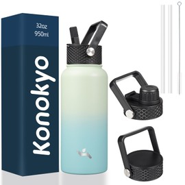 Konokyo Insulated Water Bottle 32oz Stainless Steel Water Bottles With 3 Lids,Mint