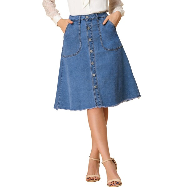 Allegra K Women's Denim Skirts Raw Hem Button Down Midi