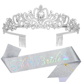 YARIEW Bride Crown and Bride Sash Bachelorette Party, Bridal Shower Decorations, Rhinestone Wedding Bridal Tiara, Glitter Bride Crown and Sash for Bachelorette Party Decorations Engagement Gift