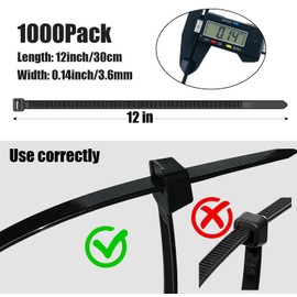 Socpuro 12 Inch Zip Cable Ties, 1000 Pack Self-Locking Nylon Cable Wire Ties, 40 LBS Tensile Strength Cable Ties Straps for Home Office Garden Workshop (Black)