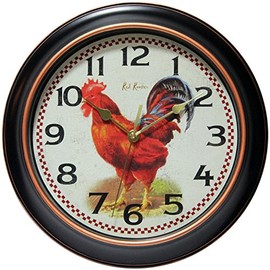Infinity Instruments 12 inch Country Round Non-Ticking Silent Battery Operated Easy to Read Wall Clock for Living Room, Bedroom, Kitchen, Home Office, Red Rooster