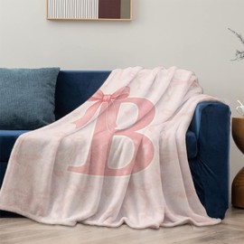Cute Bow and Heart Pink Initial B Blanket Gifts for Women Adults, Soft Warm Lightweight Flannel Throw Blankets for Camping Bedroom Living Room Home Sofa Travel Decor 50" x 60"