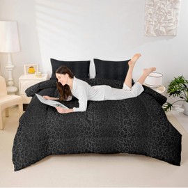 Black Leopard Print Comforter Set Queen Size,Wild Cheetah Fur Print Bedding Set for Kids Girls Women Men Room Decor,Grey Black Gradient Quilt Set Romantic Fashion Duvet Insert,2 Pillowcases