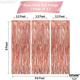 KatchOn, Rose Gold Fringe Curtain - XtraLarge 8x3.2 Feet, Pack of 3 | Rose Gold Backdrop for Bachelorette Party Decor, Graduation Decorations 2025 | Fringe Backdrop for Rosegold Birthday Decorations