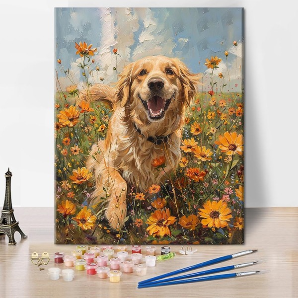 TISHIRON DIY Paint by Numbers Golden Retriever Playing Paint by