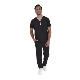 SOULMATE Pijama scrub uniforme médico para Hombre con cuello en V y cierre - Alexander (Negro S)
