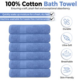 KAHAF COLLECTION Pack of 6 Bath Towels 27 x 54 Inches, 100% Cotton, Larger & Lighter Weight, Quicker to Dry, Super Soft and Absorbent, Perfect for Bathroom (Blue, Pack of 6 (27''x54''))