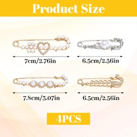4 PCS Safety Pin Brooch, Faux Crystal Pearl Sweater Pin, Decorative Safety Pins for Clothing Dress Shirt Jeans Decoration