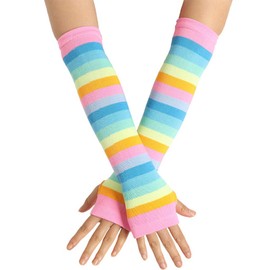VIccoo Women Girl Knitted Over Elbow Long Arm Warmers US Flag Rainbow Stripes Patchwork Fingerless Gloves with Thumb Hole Party Costume - 5