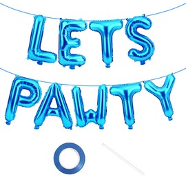 Lets Pawty Balloons, 9 Pcs Dog Birthday Decorations, 16 Inch Foil Dog Balloons, Lets Pawty Birthday Decorations, Dog Party Decorations with Straw and Ribbon for Pet Dog Birthday Party Supplies(Blue)