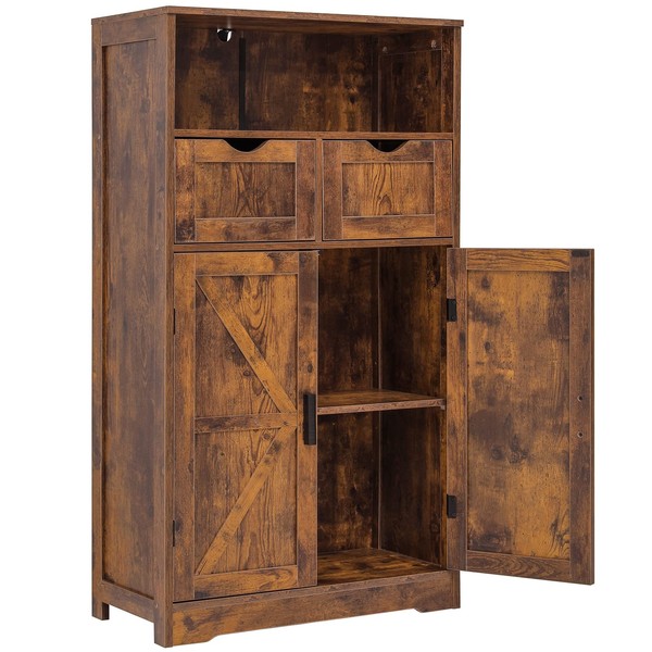 WEENFON Floor Storage Cabinet with 2 Adjustable Drawers & 2 Barn Doors, Standing Cupboard with 2 Shelf, for Living Room, Home Office, Kitchen, Rustic Brown