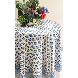 ATOSII Gulbahar Blue 100% Cotton Fall Round Tablecloth, Handblock Print Floral Table Cloth for Kitchen Dining Linen I Thanksgiving, Christmas, Weddings, Outdoors, Parties I 60" Inches I 4 Seater Table
