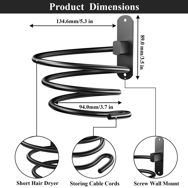 Tindbea Hair Dryer Holder, Matte Black Blow Dryer Holder Wall