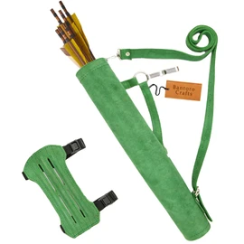 Green Bantoro Leather Archery Quiver with Matching Adjustable Arm Guard – Traditional Style Quiver and Elastic-Strap Forearm Bracer for Target Practice and Bowhunting