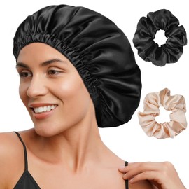 FOLAI 1 x Satin Night Cap Sleep Cap Reversible Double Layer Braids with Elastic Band Adjustable Non-Slip Super Soft Black, black