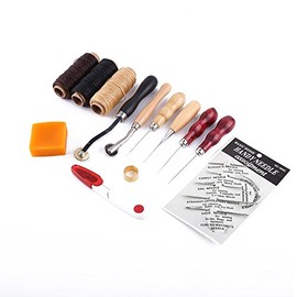 13pcs Kit de Herramienta de Mano de Cuero del Arte Costura de Costura Punzón Fuentes de Costura Dedal de Cera,Agujas para Acolchar a Mano