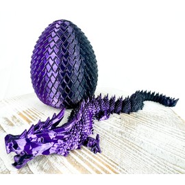 3D Printed Ariculated Crystal Dragon and Egg Sculpture, Black/Purple, Decorative Dragon 330mm in length, Hinged jaw, Large 140mmx100mm Egg
