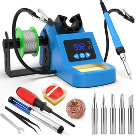 Soldering Station, 130W Digital Display Soldering Iron Station Kit with 2 Helping Hands, 356°F-932°F, Auto Sleep, Solder Wire, 5 Tips, Solder Sucker, Sponge, Tweezers, Tip Cleaner, Blue