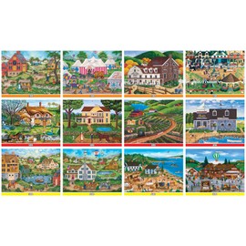 MasterPieces – Jigsaw Puzzle 12-Pack Bundle Set, Fun for Adults and Family, Folk Art Collection, (4) Round 100 Piece, (4) 300 Piece, (4) 500 Pieces