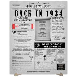 90th Birthday Party Decorations Poster - 90 Years Ago Anniversary Card for Women and Men. Back In 1934 Home Decor Supplies for Her or Him Turning 90 Years Old. 11 x 14 In Birthday Retro Card.