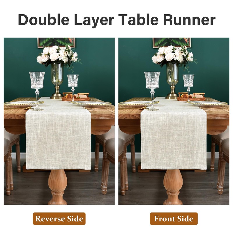 Reversible Double Layer Table Runner Faux Linen Fabric Beige Table