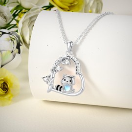 ABIGY Red Panda Necklace 925 Sterling Silver Panda Animal Necklace White Gold-Plated Red Panda Moonstone Necklace Jewellery Gift for Women, One size, Sterling Silver, Moonstone