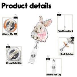 Easter Badge Reel,Cute Bunny Acrylic Badge for ID Card Badge,Funny Telescoping Retractable Badge Holder Alligator Clip Accessories with Pink Bow Designs for Nurse,Medical Worker,Teacher