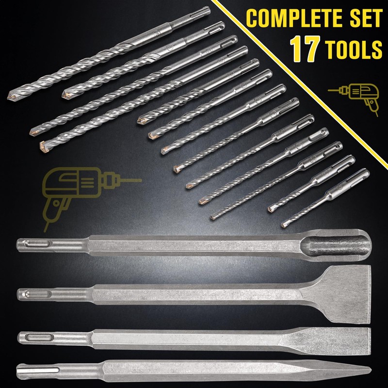 17Pcs Rotary Hammer Drill Bits & Chisels, SDS Plus Bits,