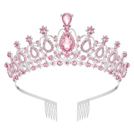 Silver Rhinestone Tiara Crown Princess Hair Accessories,Crystal Princess Tiara Crown with Pink Rhinestones, Silver Metal Hair Comb for Bride, Bridesmaid, Princess, Girl