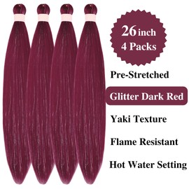 Dark Red Braiding Hair Pre stretched Glitter Tinsel Braiding Hair Extensions Curly Deep Wave Crochet Braids Ez Braid Prestretched Hypoallergenic Braiding Hair Synthetic Knotless Itch Free