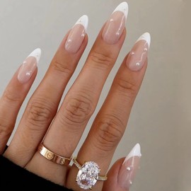 MERVF Almond Press on Nails Medium White French Tip Fake Nails Nude Stiletto Acrylic Nails Glossy 24pcs False Nails with Pearls Designs for Women and Girls