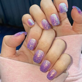 MISUD Press on Nails for Kids Pre-glue Children Fake Nails Short Girls Nails Gradient Purple Glue on Child Nails 24 pcs Bling Glitter Stick on False Nails for Teens Gift 8-10 year