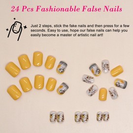 Ceboic Pack of 24 Stick-On Nails, Short Square, Natural Artificial Nails with Fall Leaves Design, Cute False Nails, Shiny Acrylic Press On Nails for Women Girls Nail Art DIY