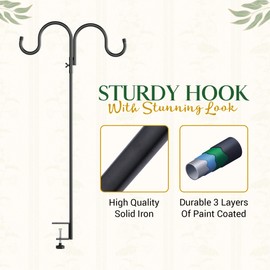 40 Inch Tall Double Deck Hook for Railing, Adjustable Outdoor Shepherds Hook with 2-Inch Strengthened Clamp for Hanging Plant Bird Feeder, 1 Pack